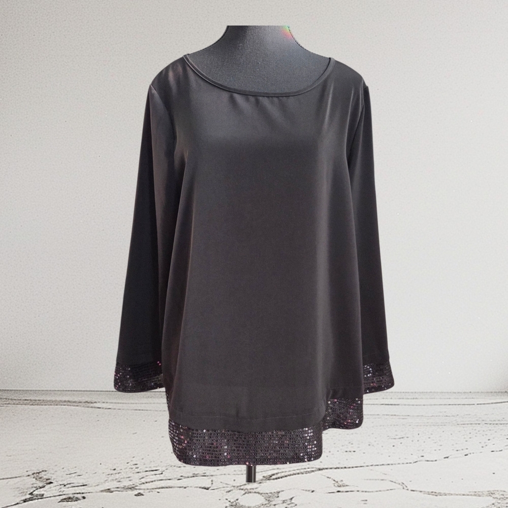 Emery Rose Black Long Sleeve Relaxed Blouse With Sequin Trim Size XL